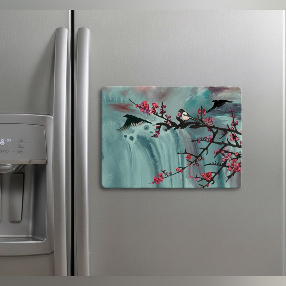 4.5x5 My Magnet Painting of Chinese Plum Blossoms & birds in teal & pink
